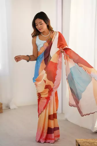 Multi digital printed saree with cut border