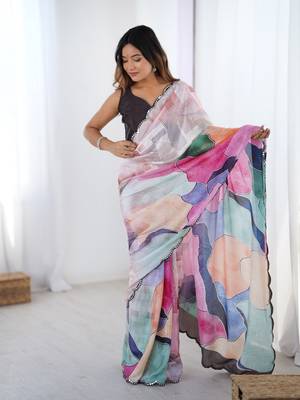 Multi digital printed saree with cut border 1