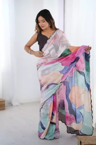 Multi digital printed saree with cut border