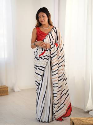 White digital printed saree with cut border 1