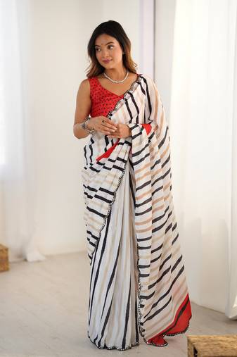 White digital printed saree with cut border