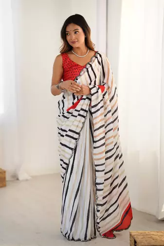 White digital printed saree with cut border