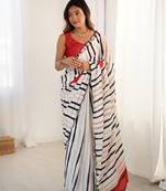 White digital printed saree with cut border