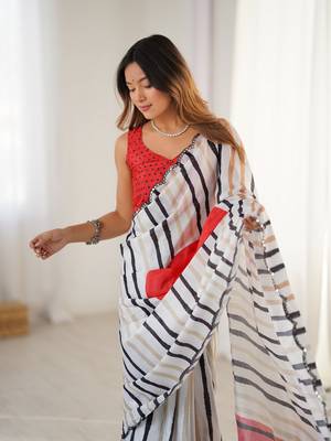 White digital printed saree with cut border 3