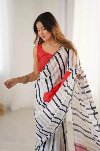 White digital printed saree with cut border
