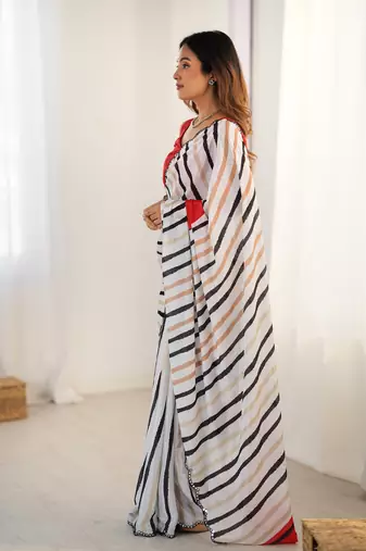 White digital printed saree with cut border