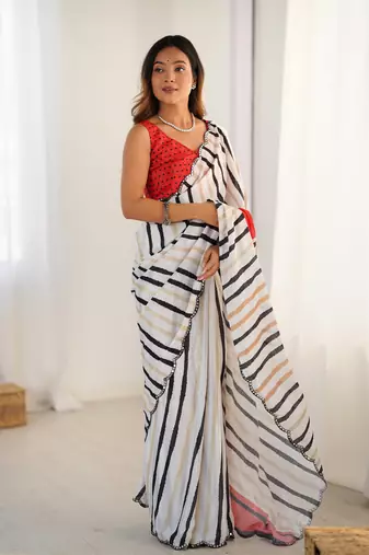 White digital printed saree with cut border