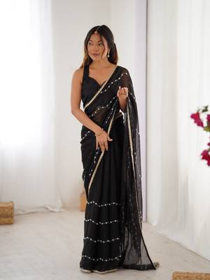Black beads sequin work chiffon saree 1