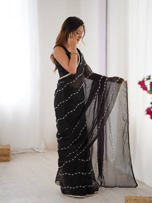 Black beads sequin work chiffon saree 2