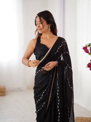 Black beads sequin work chiffon saree 3