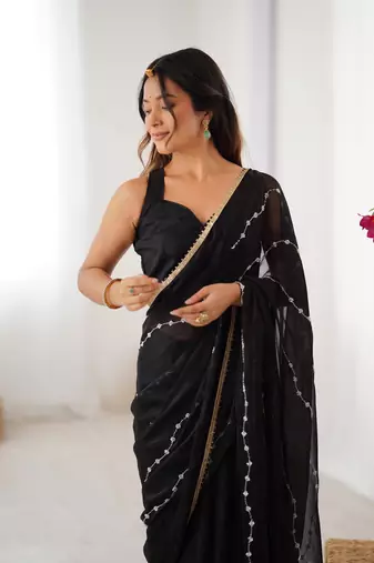 Black beads sequin work chiffon saree
