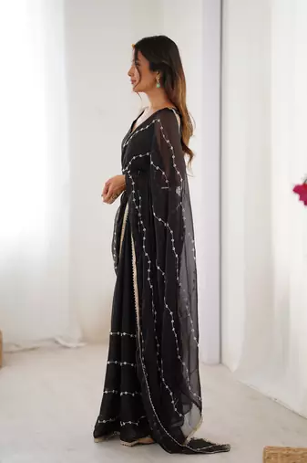 Black beads sequin work chiffon saree