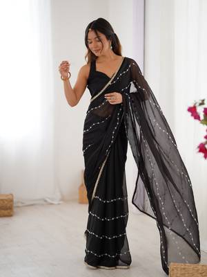 Black beads sequin work chiffon saree 5