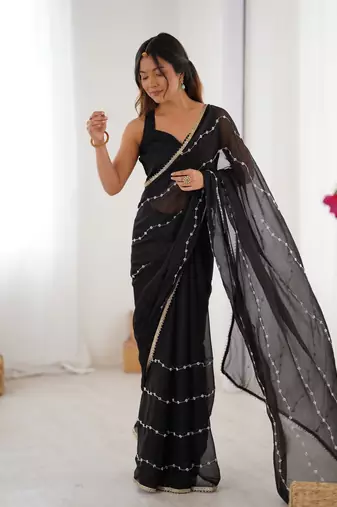 Black beads sequin work chiffon saree