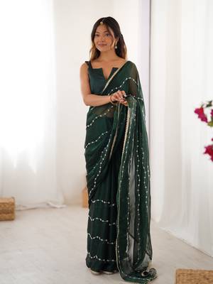 Green beads sequin work chiffon saree 1