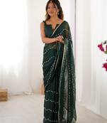 Green beads sequin work chiffon saree