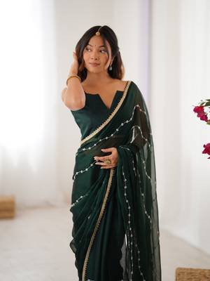 Green beads sequin work chiffon saree 3