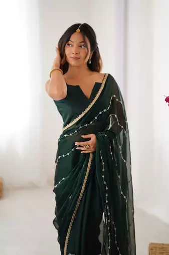 Green beads sequin work chiffon saree