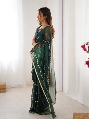 Green beads sequin work chiffon saree 4