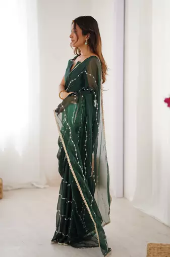 Green beads sequin work chiffon saree