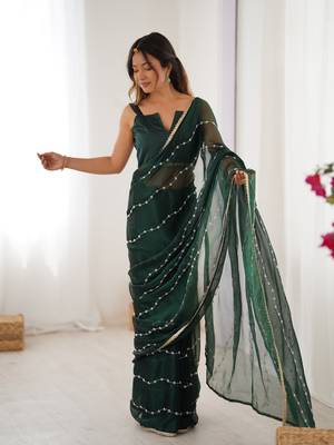 Green beads sequin work chiffon saree 5