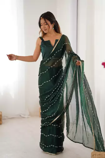 Green beads sequin work chiffon saree