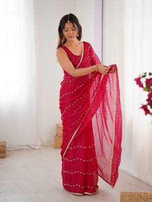 Pink beads sequin work chiffon saree 1
