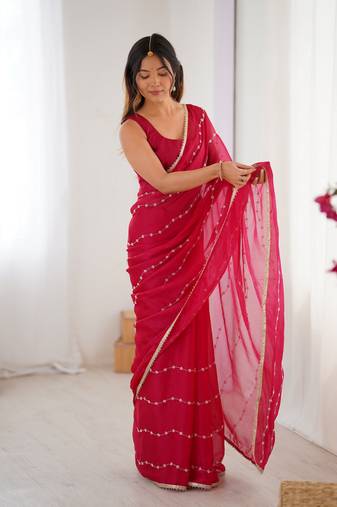 Pink beads sequin work chiffon saree