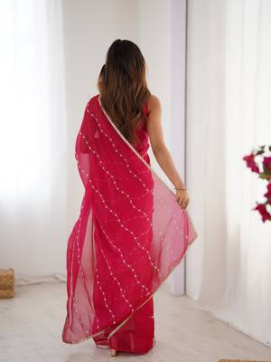 Pink beads sequin work chiffon saree 2