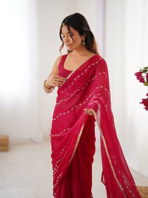 Pink beads sequin work chiffon saree 3