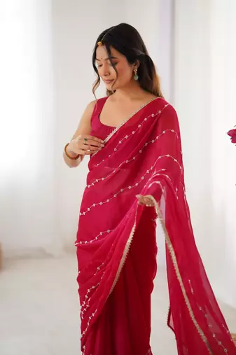 Pink beads sequin work chiffon saree