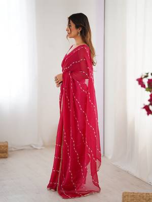 Pink beads sequin work chiffon saree 4