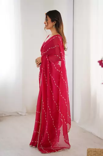 Pink beads sequin work chiffon saree