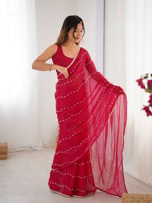 Pink beads sequin work chiffon saree 5