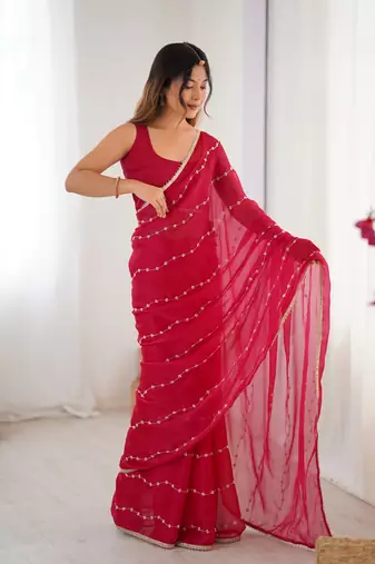 Pink beads sequin work chiffon saree