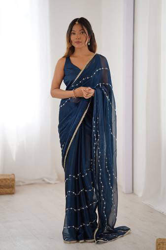 Petrol beads sequin work chiffon saree