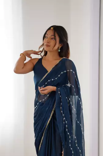 Petrol beads sequin work chiffon saree