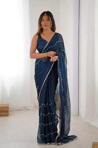 Petrol beads sequin work chiffon saree