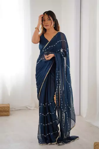 Petrol beads sequin work chiffon saree