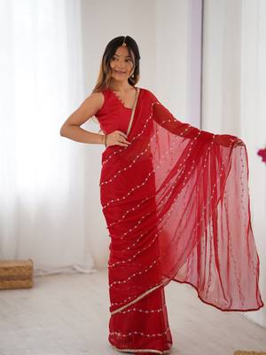 Red beads sequin work chiffon saree 1