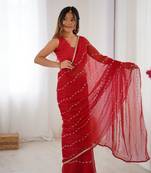 Red beads sequin work chiffon saree