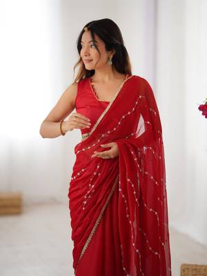 Red beads sequin work chiffon saree 3