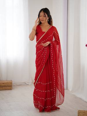 Red beads sequin work chiffon saree 4