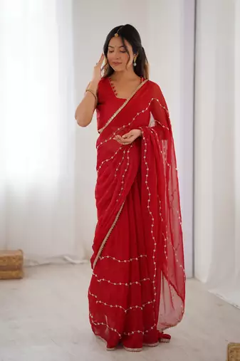 Red beads sequin work chiffon saree