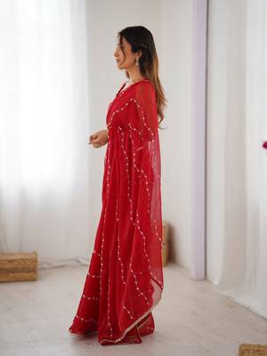 Red beads sequin work chiffon saree 5