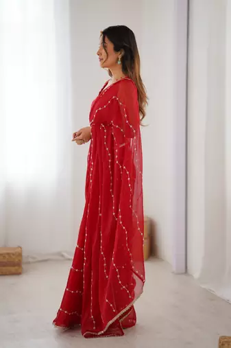 Red beads sequin work chiffon saree