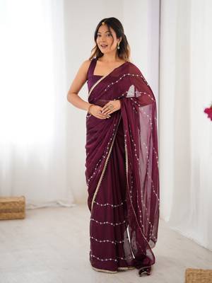 Wine beads sequin work chiffon saree 1