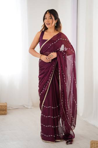 Wine beads sequin work chiffon saree