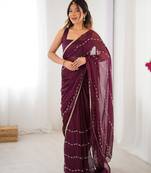 Wine beads sequin work chiffon saree