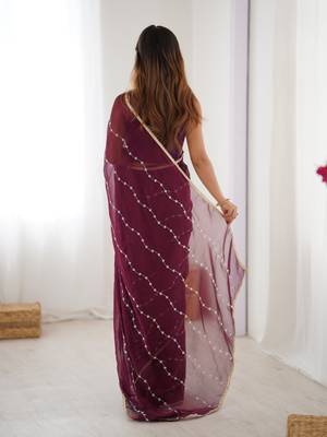Wine beads sequin work chiffon saree 2